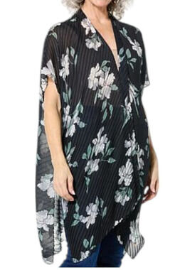 Anne Klein Women's Pleated Hibiscus Print Ruana Black Multi